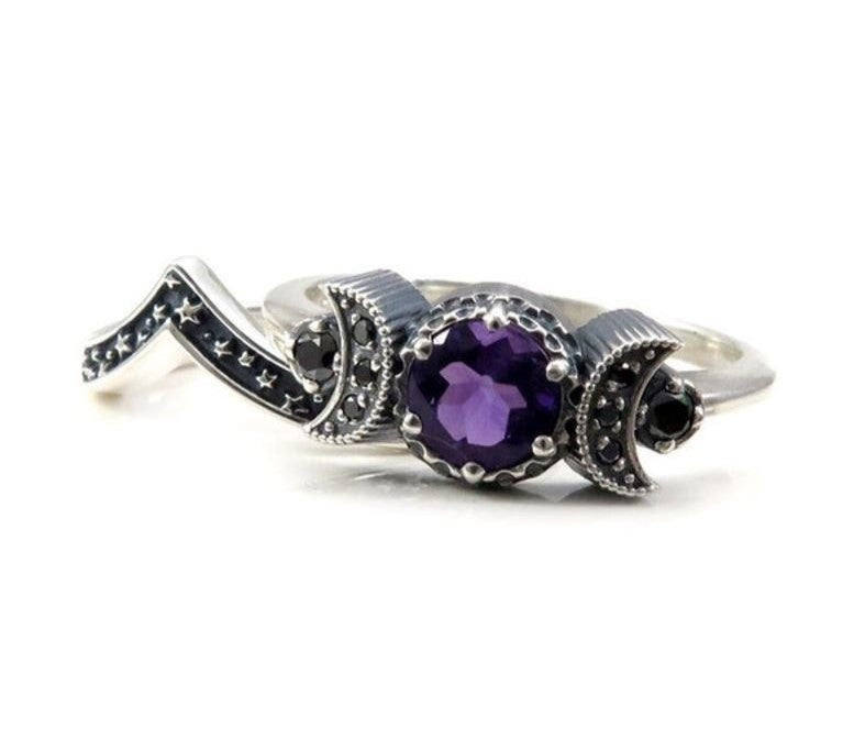 2pcs Vintage Triple Moon Purple Amethyst Silver Gothic Ring