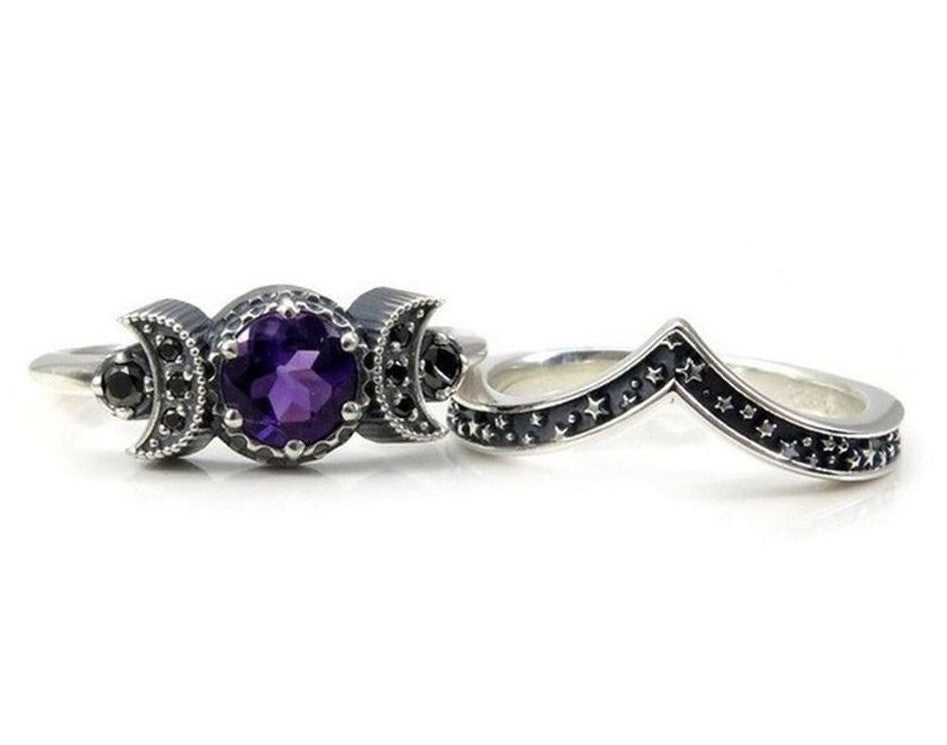 2pcs Vintage Triple Moon Purple Amethyst Silver Gothic Ring