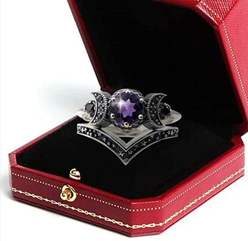 2pcs Vintage Triple Moon Purple Amethyst Silver Gothic Ring