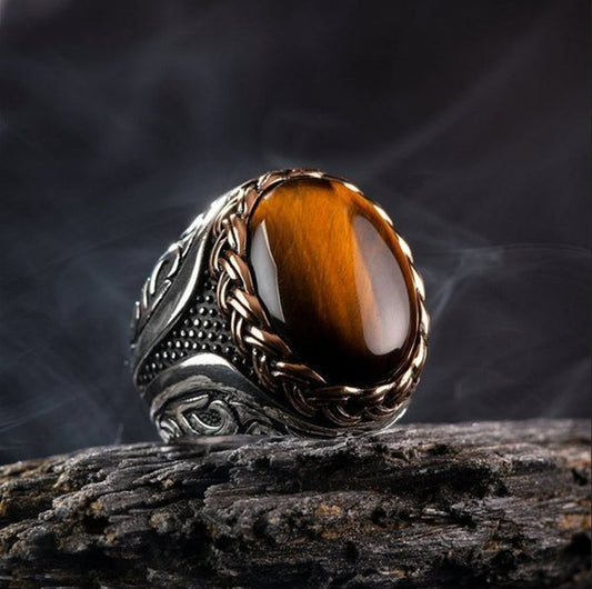 Men's Oval Brown Tiger Eye Silver Domineering Ring