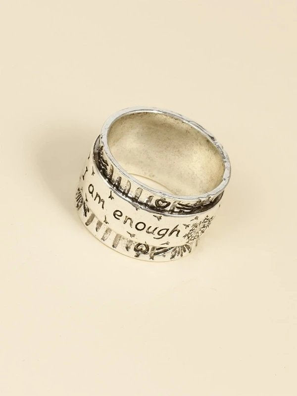Engraved Dandelion "I Am Enough" Silver Wide Band Ring