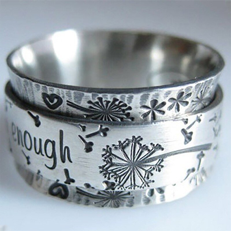 Engraved Dandelion "I Am Enough" Silver Wide Band Ring