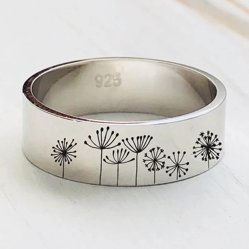 925 Sterling Silver Engraved Dandelion Ring