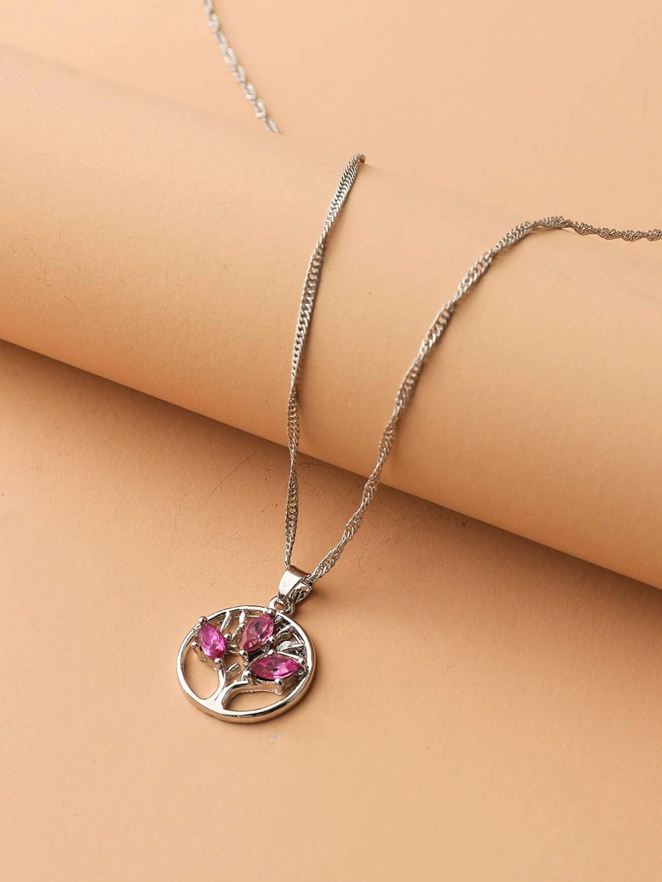 Sterling Silver Pink Marquise Tree of Life Necklace