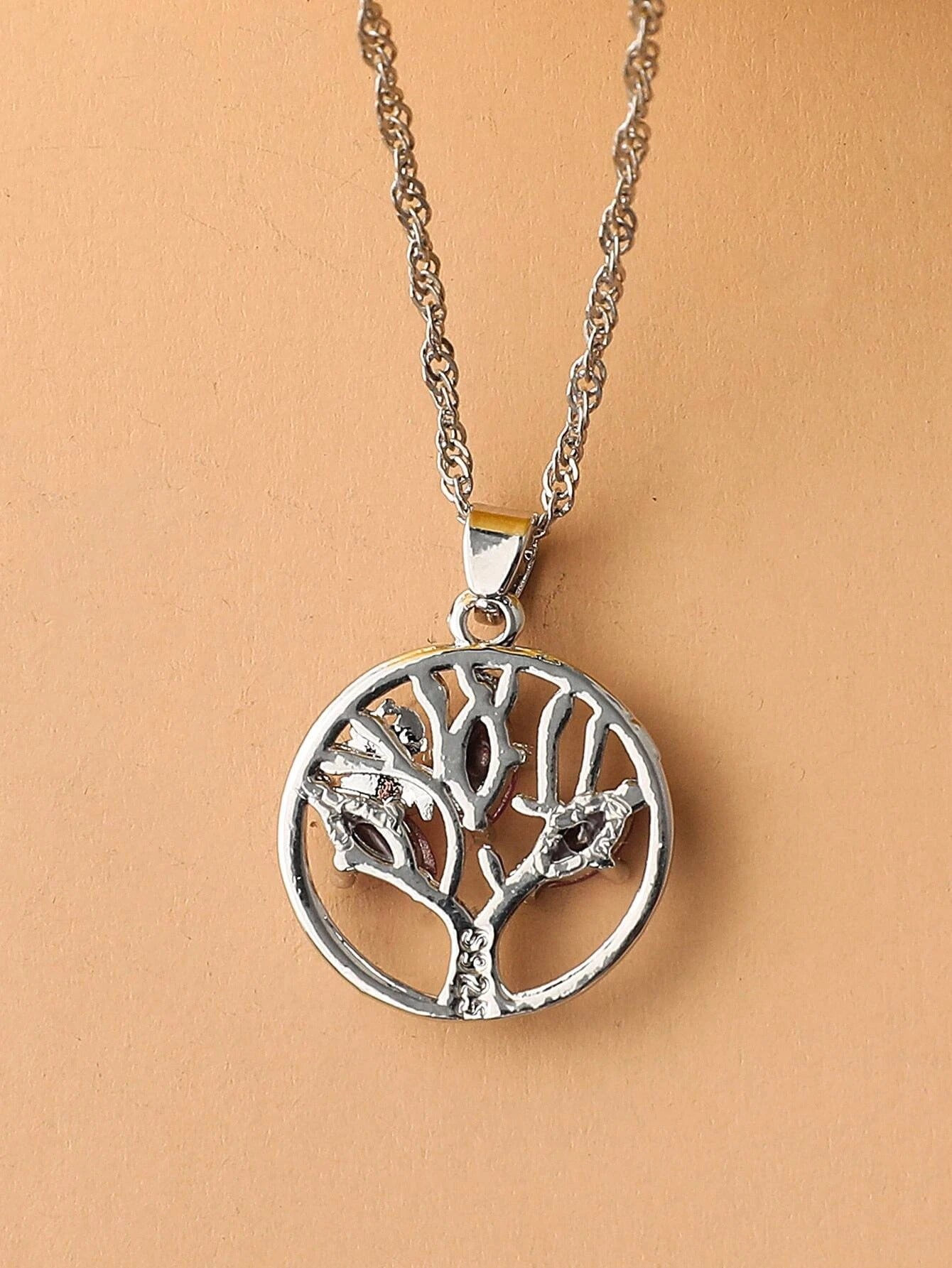 Sterling Silver Pink Marquise Tree of Life Necklace