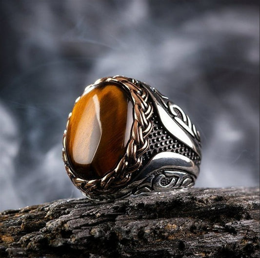 Men's Oval Brown Tiger Eye Silver Domineering Ring