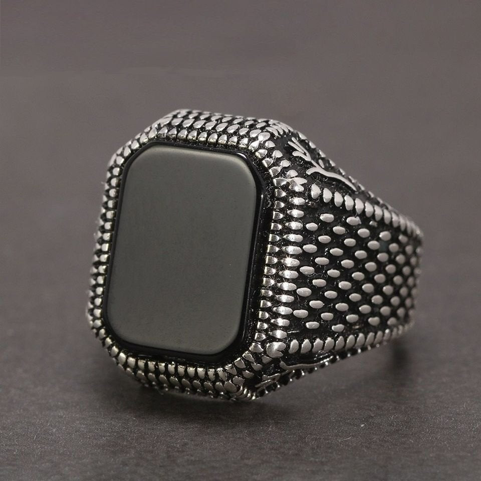 Men's 925 Sterling Silver Domineering Black Onyx Ring