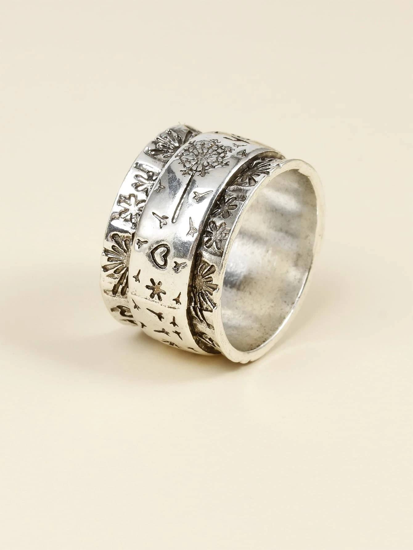 Engraved Dandelion "I Am Enough" Silver Wide Band Ring