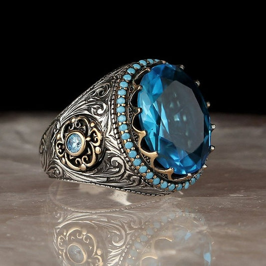 Men's Big Irregular Blue Oval Rhinestone Retro Silver Ring