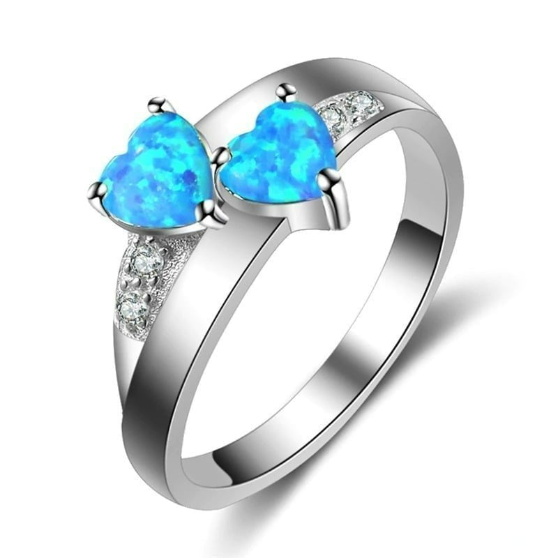 Blue Fire Opal Double Heart Silver Ring