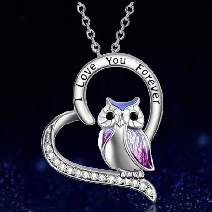 Pink Owl "I LOVE YOU FOREVER" Silver Heart Necklace