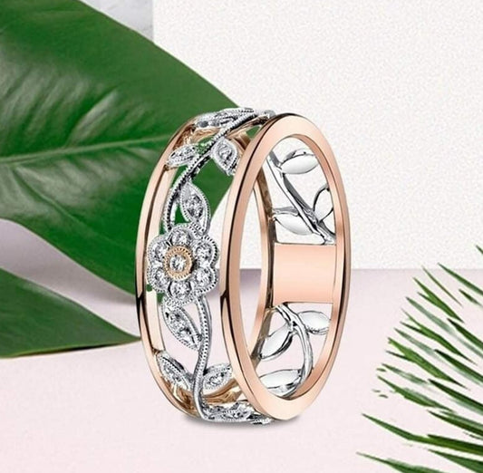 Two Tone Romantic Hollow Flower Rose Ring