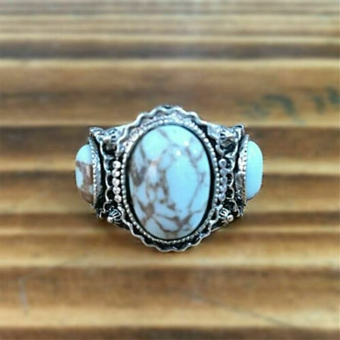 Vintage Marbled Blue Turquoise Retro Antique Silver Ring