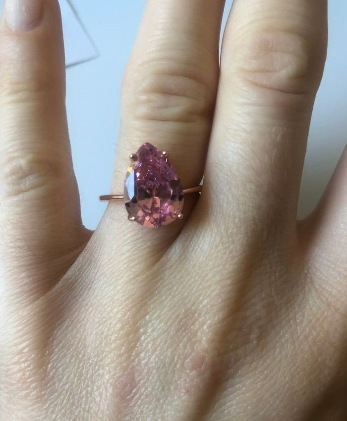 14mm Pink CZ Pear Cut Rose Gold Solitaire Teardrop Ring