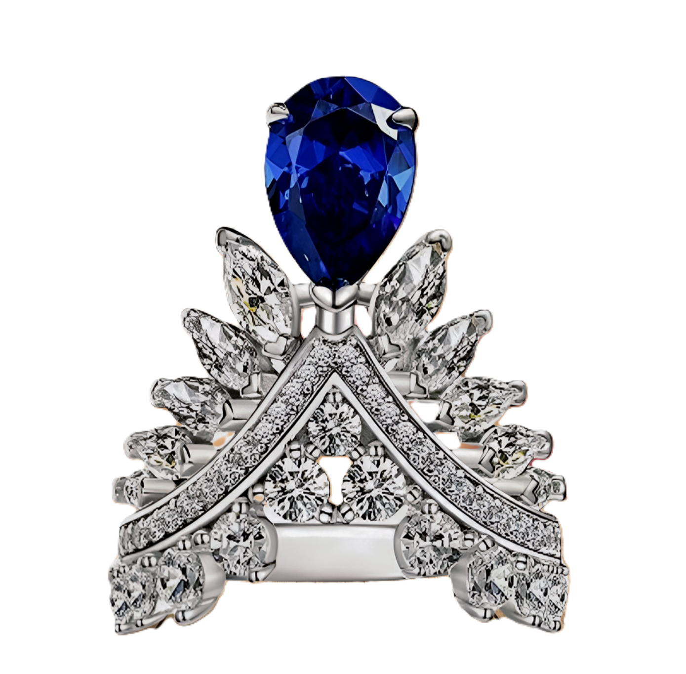 Blue Sapphire Pear Cut Crown Unique Silver Ring