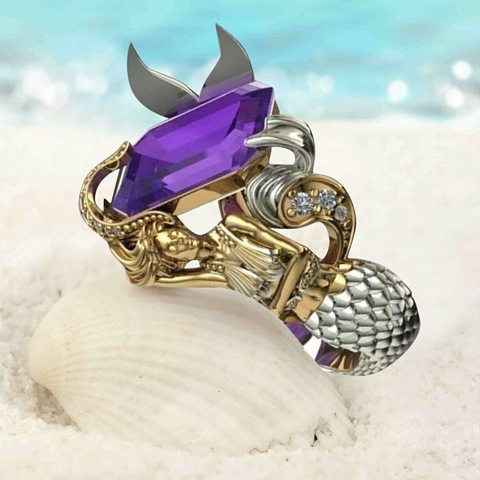 925 Sterling Silver Purple Amethyst Mythology Mermaid Ring