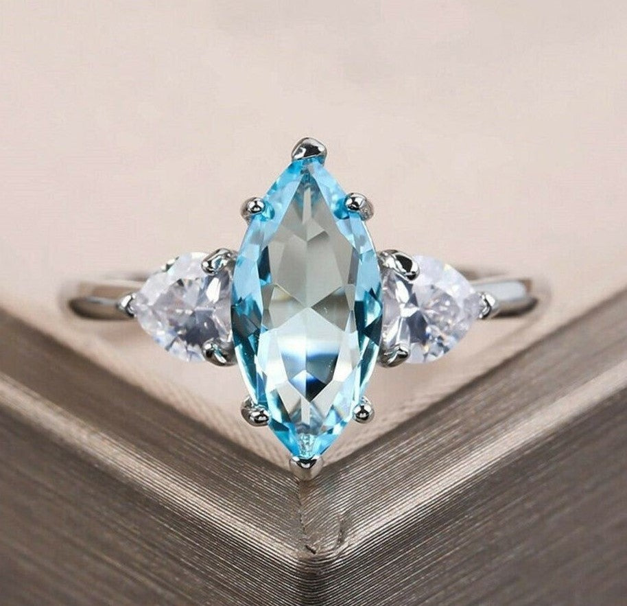 Sterling Silver Blue Aquamarine Marquise Ring