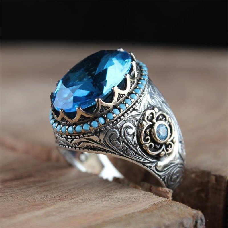 Men's Big Irregular Blue Oval Rhinestone Retro Silver Ring