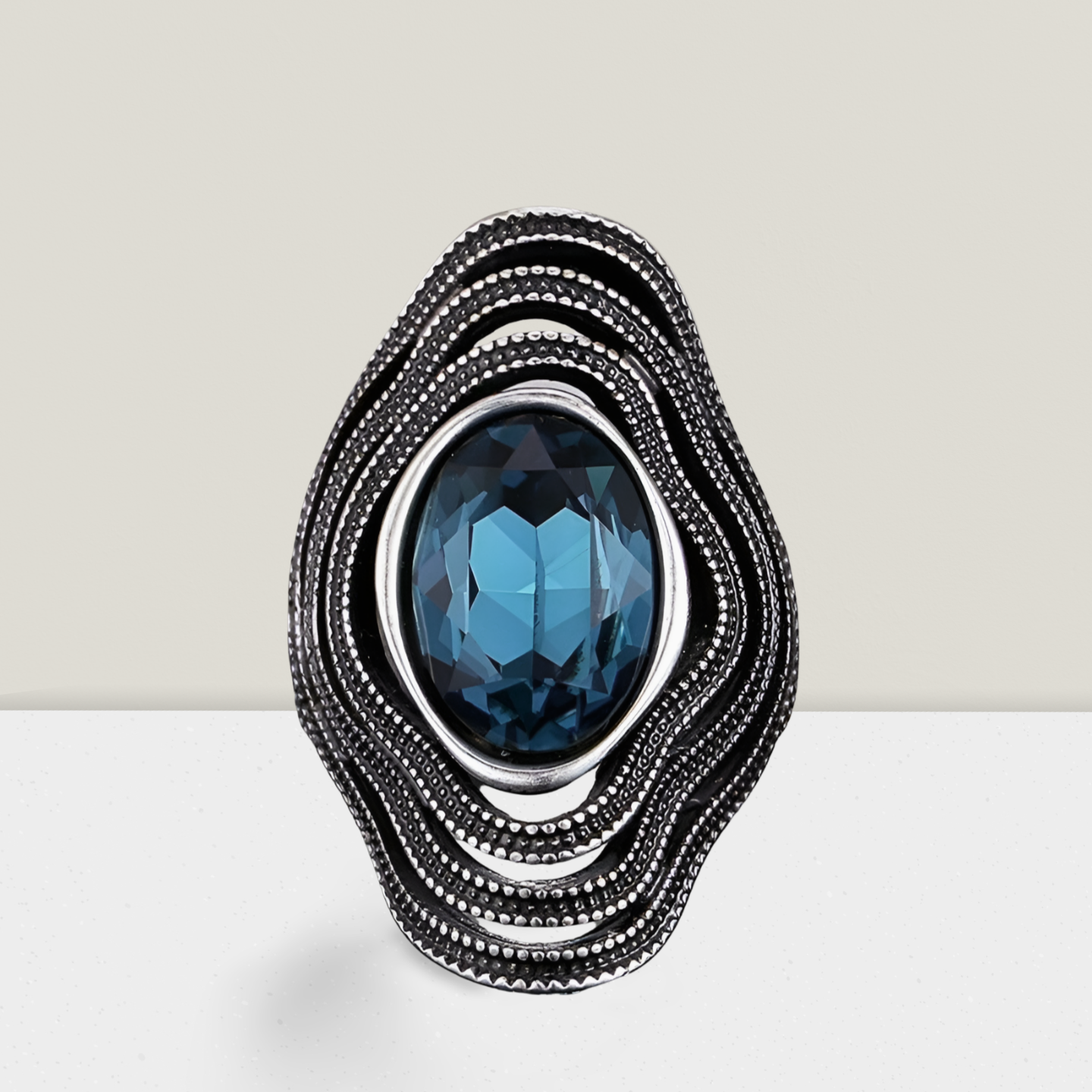 Long Vintage European Blue Sapphire Antique Silver Ring