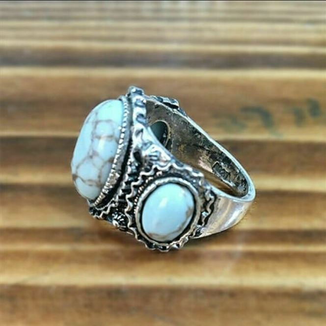 Vintage Marbled Blue Turquoise Retro Antique Silver Ring