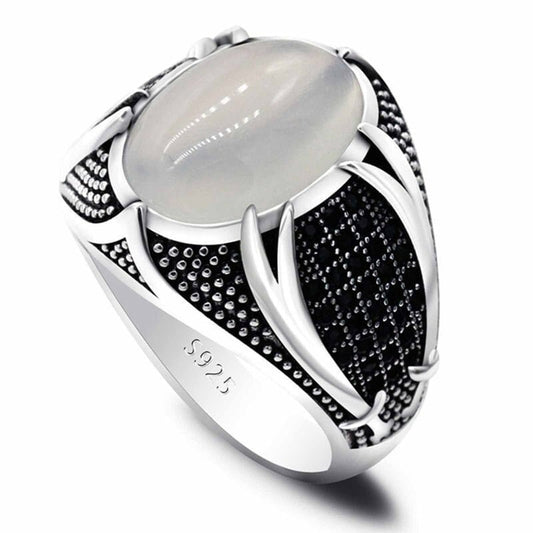 Men's Sterling Silver White Opal Black Crystal Geometry Ring