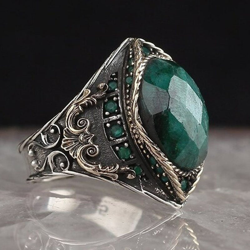 Men's Vintage Natural Green Emerald Turkish Handmade Antique Gold Ring