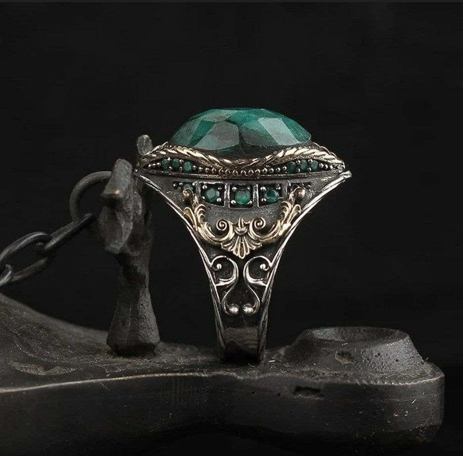 Men's Vintage Natural Green Emerald Turkish Handmade Antique Gold Ring