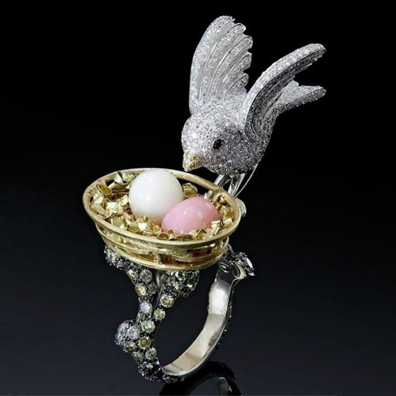 Bird Nest Faux Pearl Egg Crystal Pave Statement Ring Unique Gift