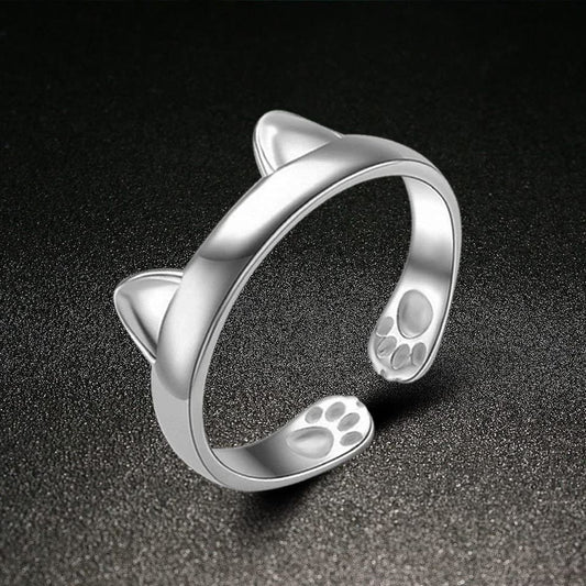 Sterling Silver Bohemian Cat Ears Paw Adjustable Ring