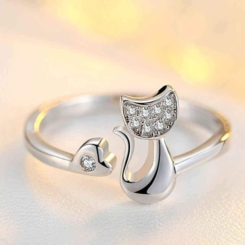 Sterling Silver Cute Kitten Heart Open Cat Ring