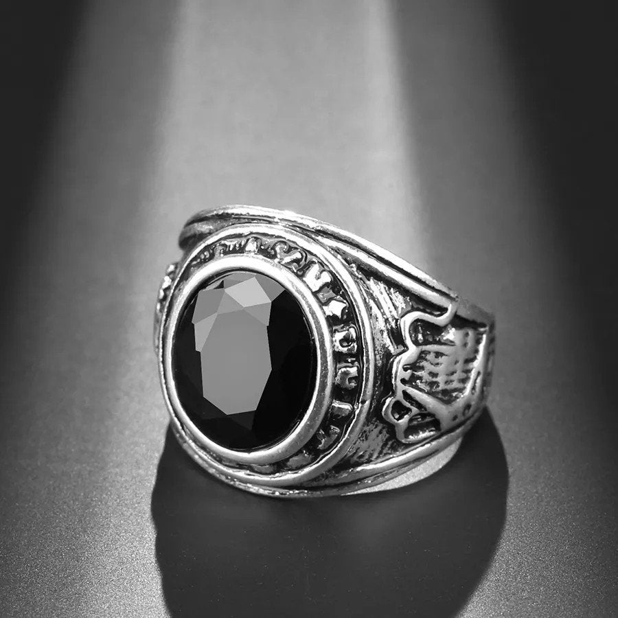 Men's Retro Black Agate Resin Antique Silver Ring