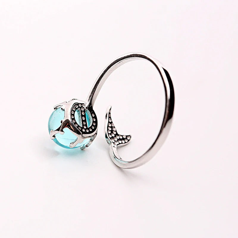 Retro Mermaid Blue Crystal Fishtail Open Silver Ring