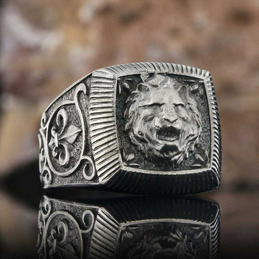 Men's Viking Roaring Lion Head Totem Amulet Silver Ring