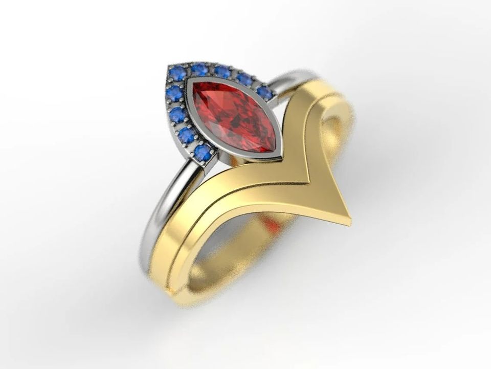 2pcs V-shaped Greek Ruby Red Marquise Blue Crystal Ring Set