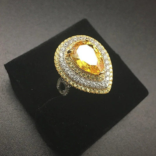 Big Pear Shaped Yellow Citrine Silver Ring