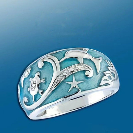 925 Sterling Silver Blue Ocean Dolphin Tortoise Ring