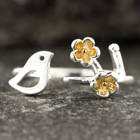 Sterling Silver Bird Yellow Flower Open Floral Ring