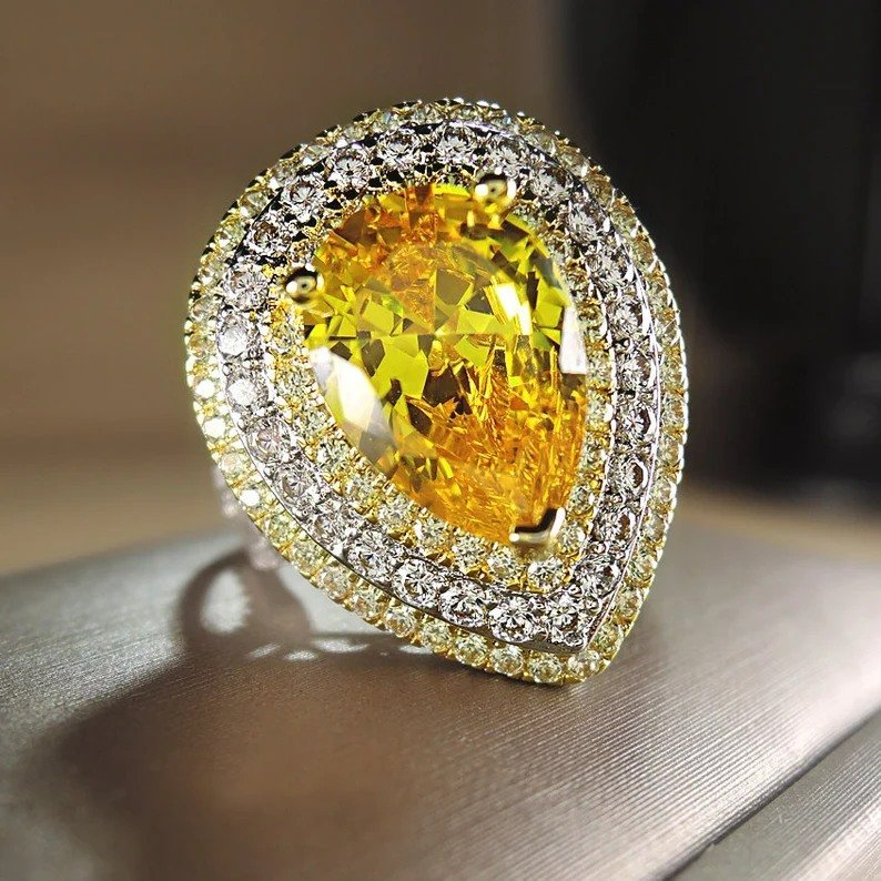 Big Pear Shaped Yellow Citrine Silver Ring