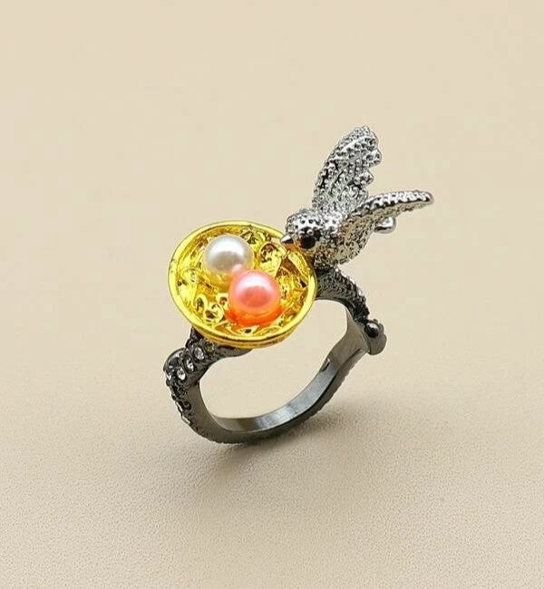 Bird Nest Faux Pearl Egg Crystal Pave Statement Ring Unique Gift