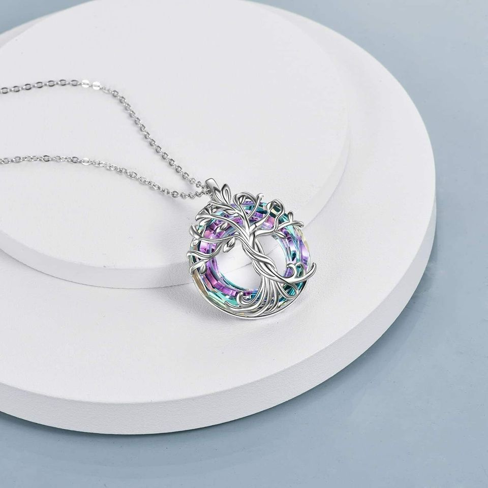 Purple Mystic Rainbow Tree of Life Circle Necklace