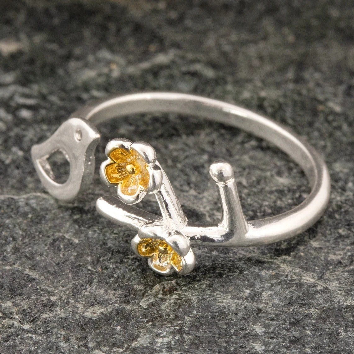 Sterling Silver Bird Yellow Flower Open Floral Ring