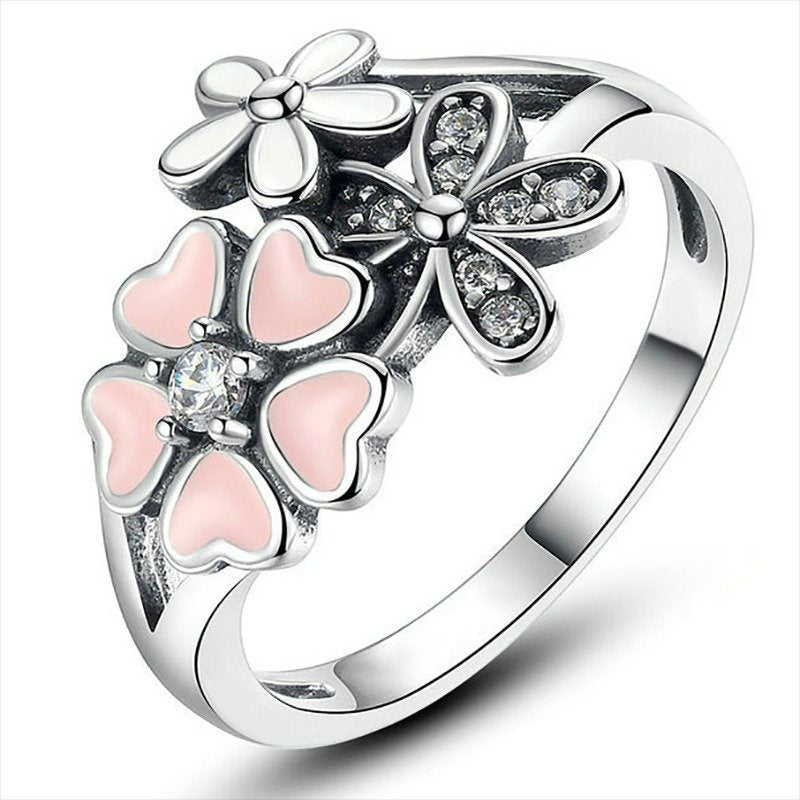 Pink & White Enamel Flowers Floral Silver Ring
