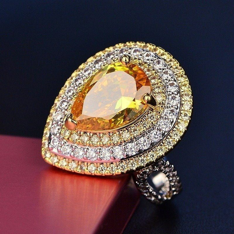 Big Pear Shaped Yellow Citrine Silver Ring