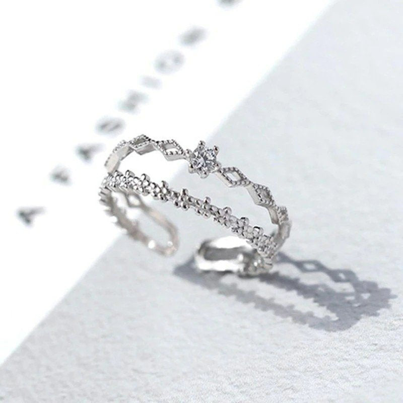Hollow Double Layers Flower CZ Crystal Open Silver Ring