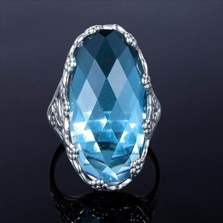 Sterling Silver Long Hollow Blue Aquamarine Flower Ring