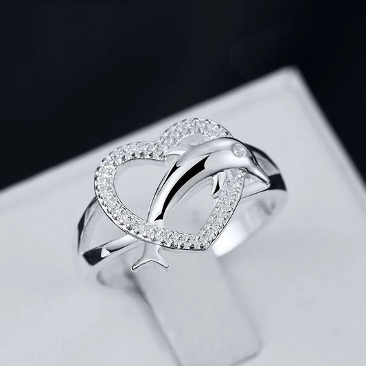 925 Sterling Silver Cute Dolphin Hollow Heart Ring