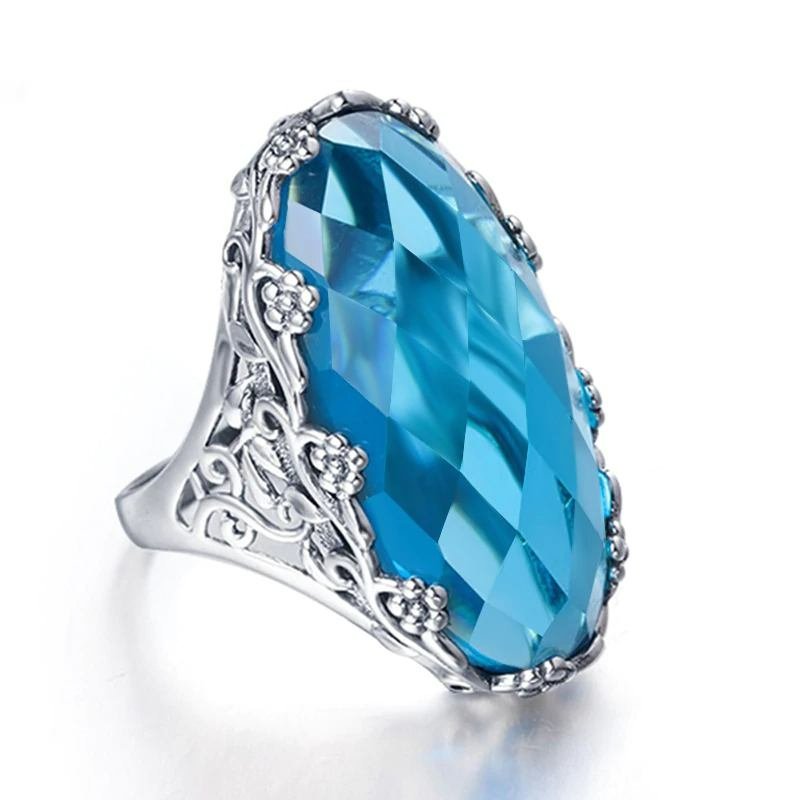 Sterling Silver Long Hollow Blue Aquamarine Flower Ring