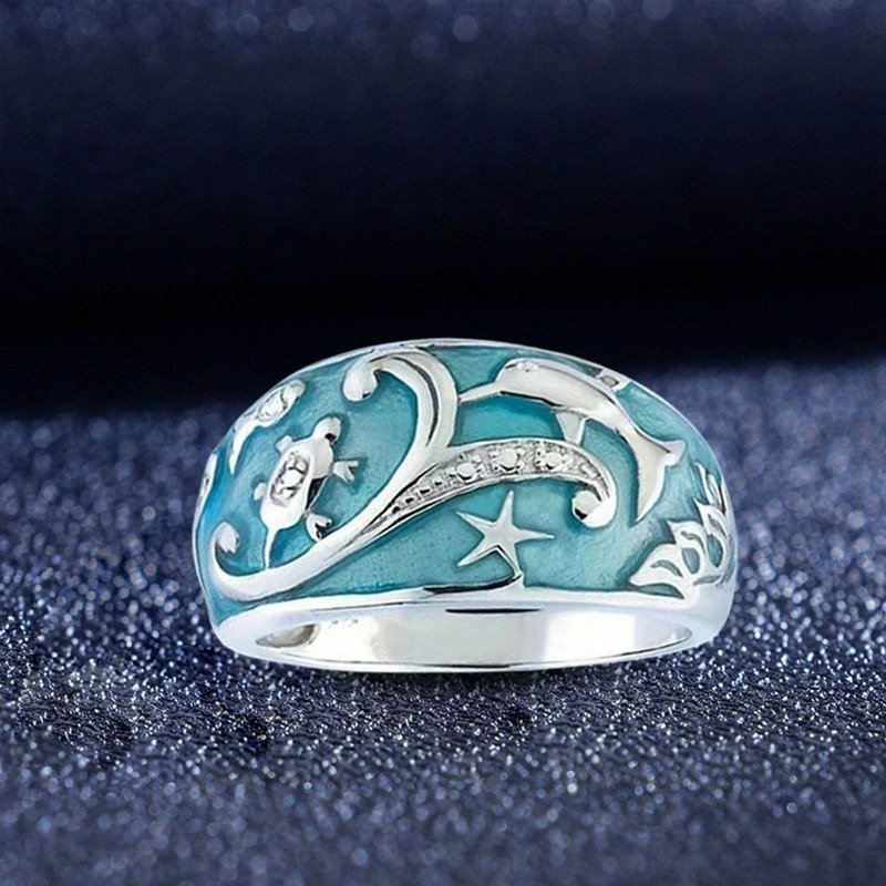 925 Sterling Silver Blue Ocean Dolphin Tortoise Ring