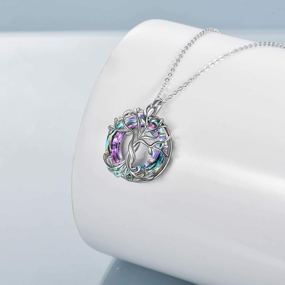 Purple Mystic Rainbow Tree of Life Circle Necklace