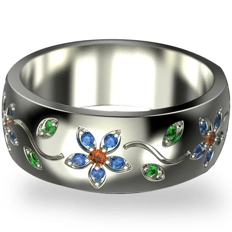 Colorful Small Flower Vine Silver Ring